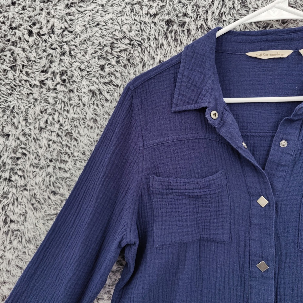 Soft Surroundings Women Coastal Gauze Preppy Airy Button Up Shirt M Navy Top - Picture 11 of 16
